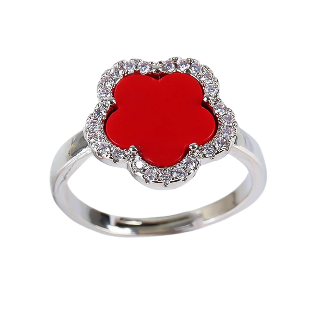 Silver and Red Clover Ring