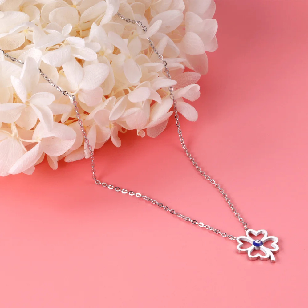 Blue Eye Silver Clover Necklace - Image 2